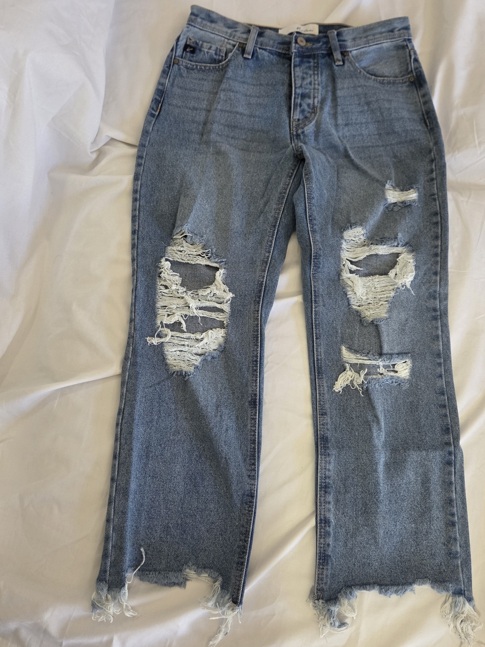 Ken Chan High Rise Wide Leg Distressed Ripped Jeans 26 Medium Wash
